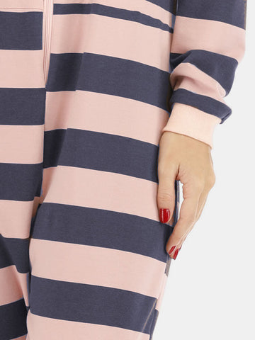 Plus Size Women Classic Stripe Print Round Neck Zipper Long Sleeve Sleepwear Home Rompers