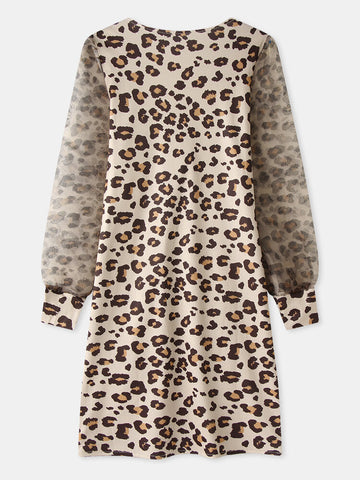 Women Leopard Twist V-Neck Elegant Long Sleeve Dress