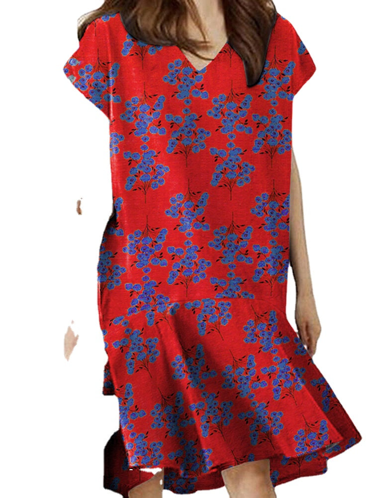 Floral Print Ruffle V Neck Cap Sleeve Midi Dress For Women