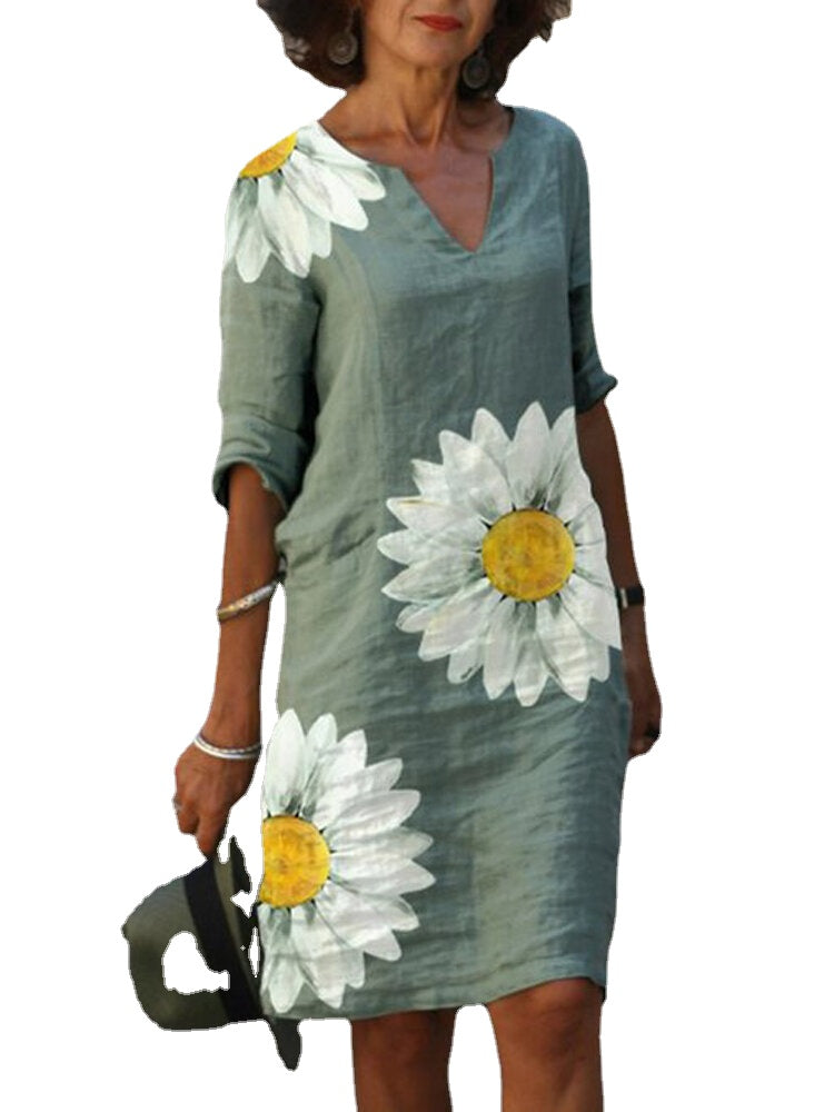 Women Plant Leaves Print Notched Neckline Vintage Half Sleeve Dresses
