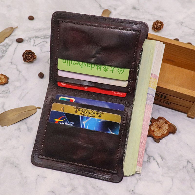 Men Bifold Vertical Cowhide Fold Wallet Retro Multi-card Slot Card Holder Money Clip Mini Coin Purse