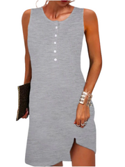 Women's Sleeveless Pure Color Button Round Neck Simple Split Design Dress