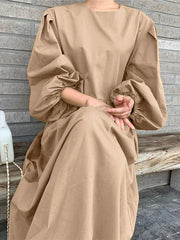 Pleat Solid Puff Sleeve Round Neck Midi Dress