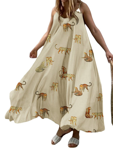 Animal Print Adjustable Strap Backless Loose Swing Maxi Dress