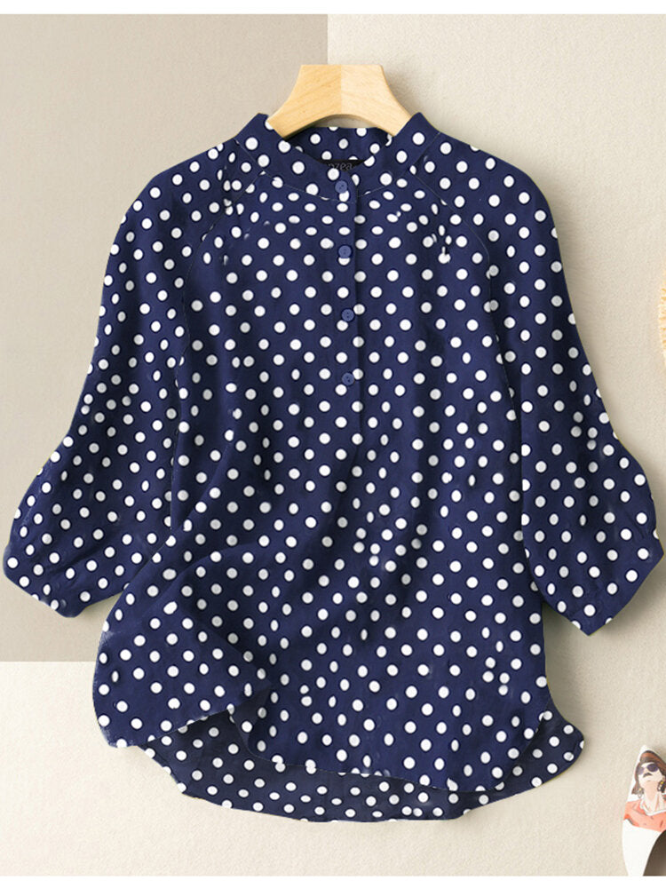 Dot Print Stand Collar Button 3/4 Sleeve Blouse For Women