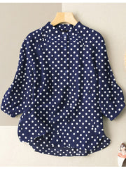 Dot Print Stand Collar Button 3/4 Sleeve Blouse For Women