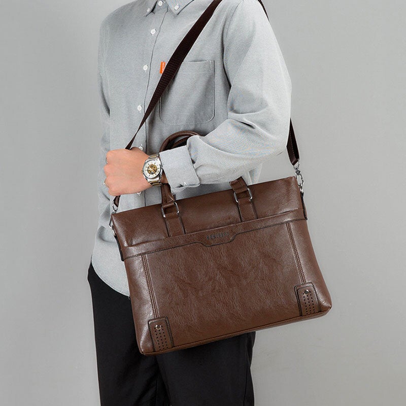 Men Large Capacity Horizontal Soft Leather 14 Inch Laptop Bag Briefcase Handbag Back Anti-theft Pocket Crossbody