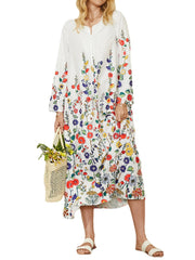 Women Flower Polka Dot Print Long Sleeve Casual Maxi Dress