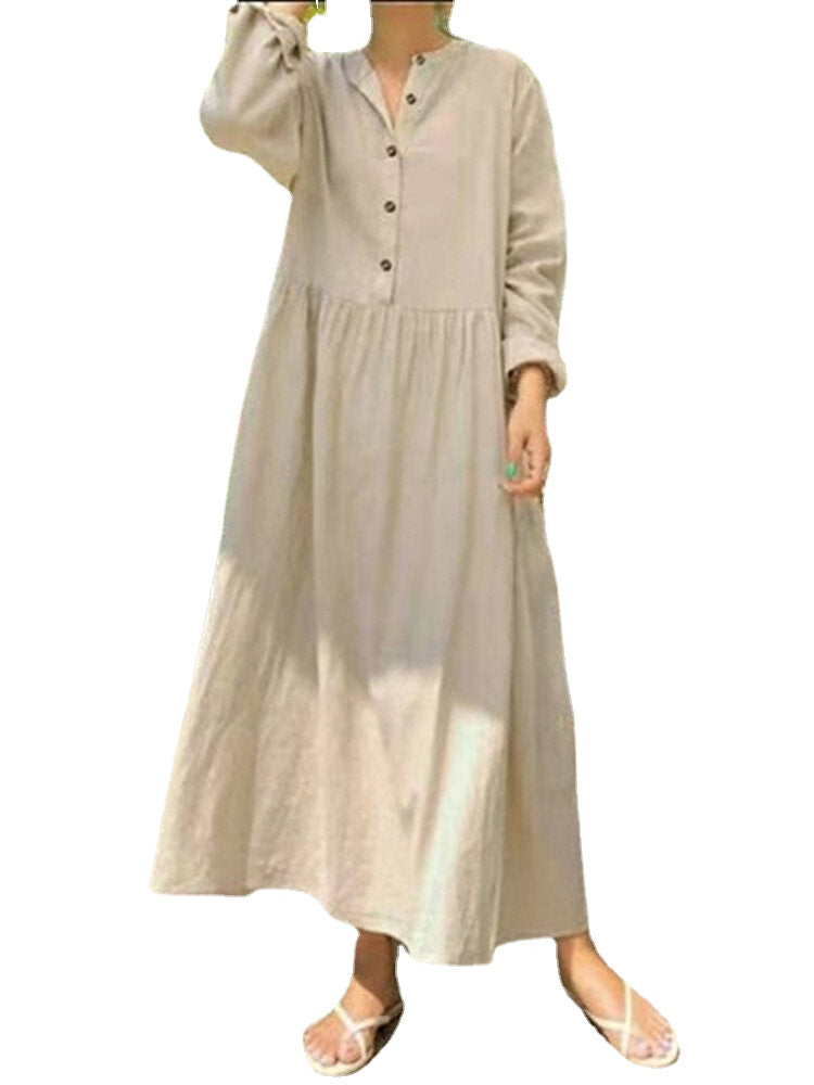 Women Solid Color Half Open Button Long Sleeve Simple Maxi Dresses