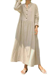 Women Solid Color Half Open Button Long Sleeve Simple Maxi Dresses