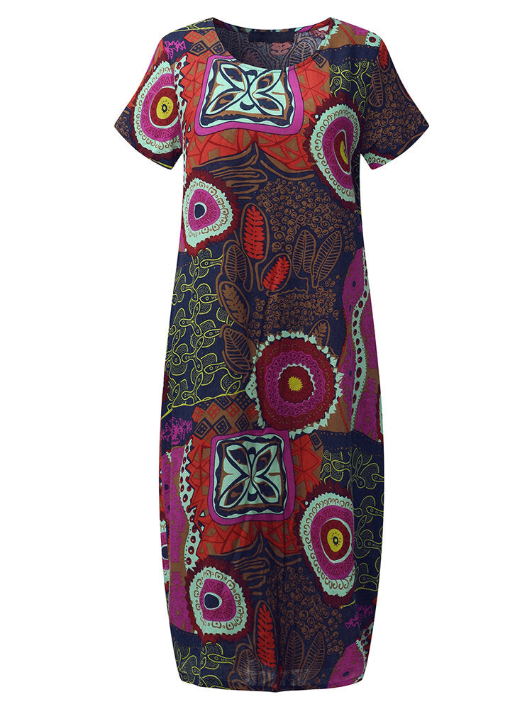 Cotton Women Pattern Printed Short Sleeve O-Neck Dresses