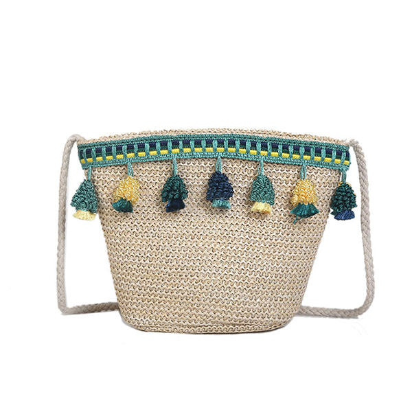 Straw Tassel Leisure Zipper Bucket Bag Shoulder Bag For Women