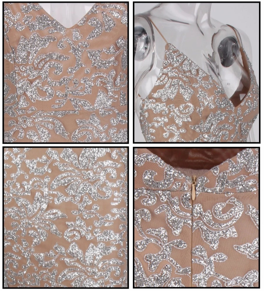 Love&Lemonade  Silver Deep V Neck Open Back Flower Ribs Long Dresses LM0299