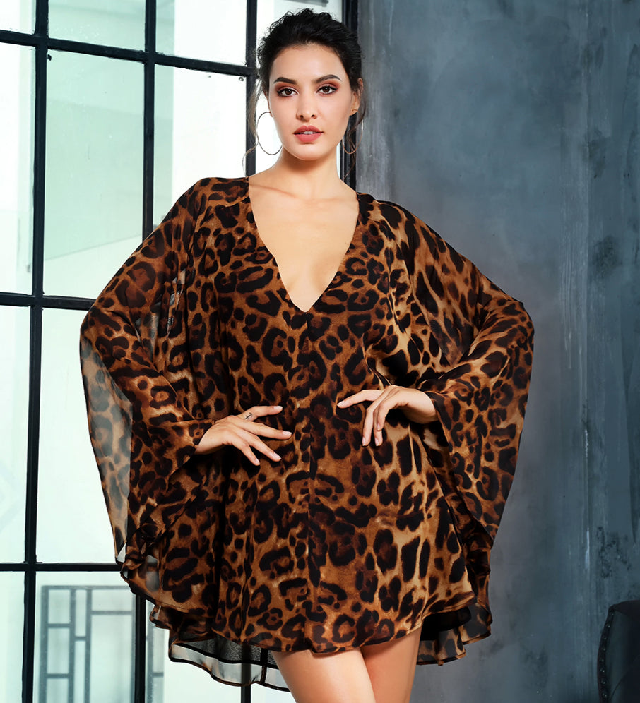 Love&Lemonade  Deep V-Neck Open Back Cloak Style Leopard Chiffon Dress LM81368