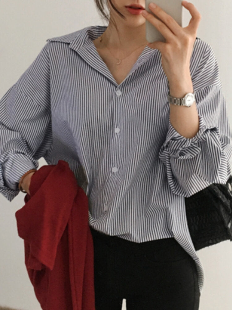 Women Striped Raglan Turn-Down-Collar Workwear Formal Shirt