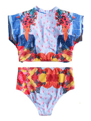 Women Tropical Leaves Print Swimsuit String Short Sleeve High Waist Bikini