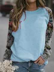 Women Floral Patchwork Raglan Sleeve Casual Relaxed Fit Round Neck Sweatshirt