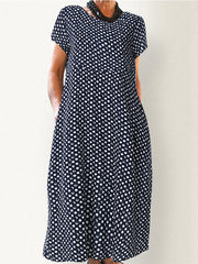 Women Crewneck Polka Dot Print Short Sleeve Midi Dress