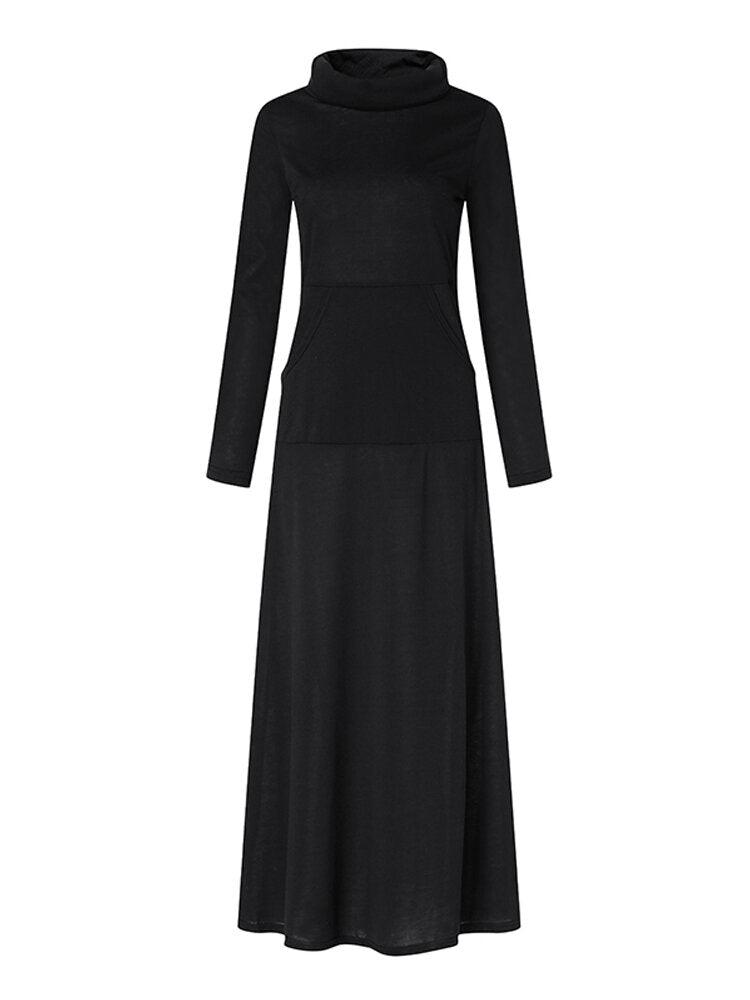 Casual Women Turtleneck Big Pocket Loose Hoodie Maxi Dress