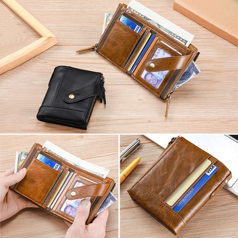 Men Genuine Leather RFID Anti-magnetic Wallet Purse Bifold Double Zipper Coin Purse Card Case