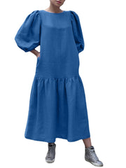 Women Puff Sleeve Calf Length Solid Color Buttons Casual Midi Dresses