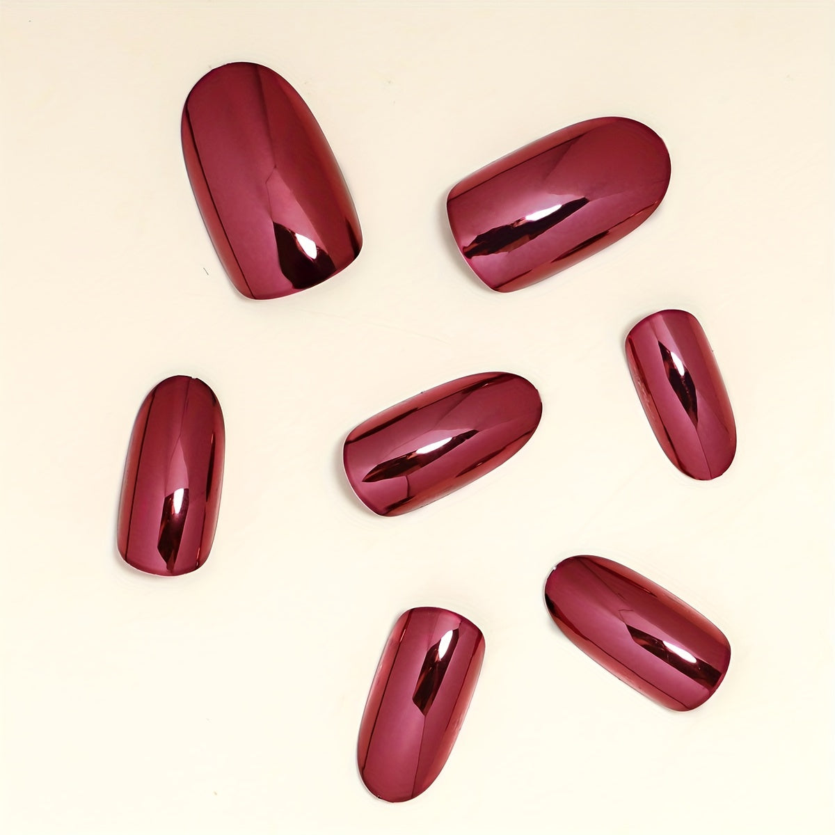 Shiny Metallic Burgundy Press-On Nails - Medium Oval Reflective Mirror Wine Red, 24pcs