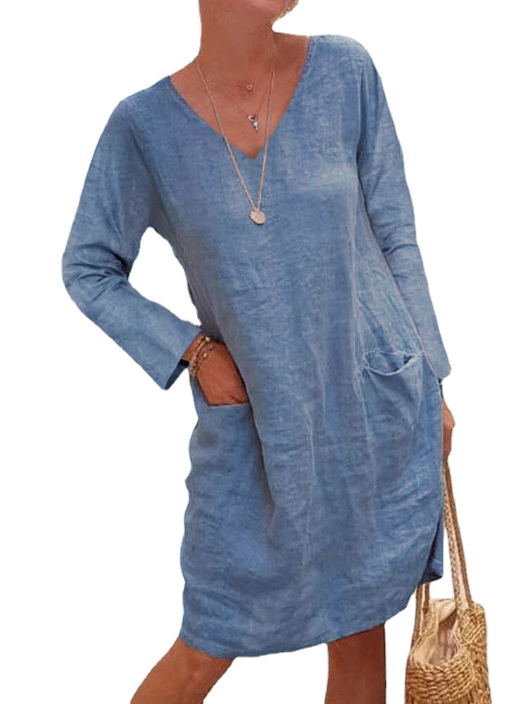 Women Cotton Solid V-Neck Casual Long Sleeve Midi Dress With Pockets