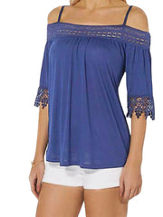 Lace Patchwork Cold Shoulder Half Sleeves Solid Tee