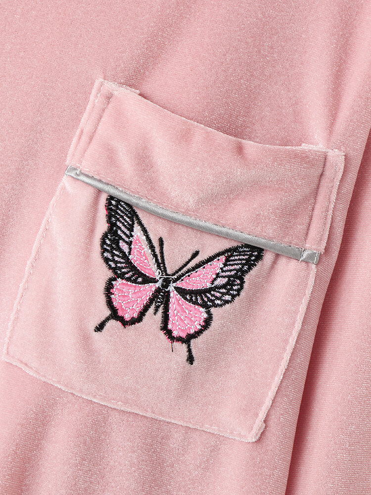 Women Butterfly Embroidery Pocket Shirt Velvet Elastic Waist Pant Home Pajamas