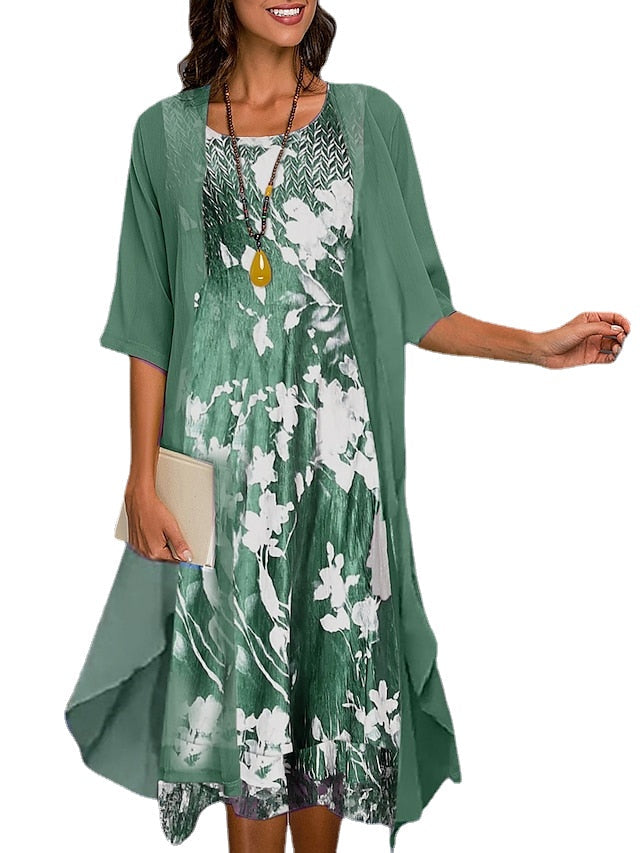 Women‘s Dress Set Two Piece Dress Midi Dress Green Blue Gray Half Sleeve Floral Print Summer Spring U Neck Casual Print Dress Sets