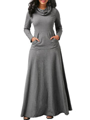 Casual Women Turtleneck Big Pocket Loose Hoodie Maxi Dress