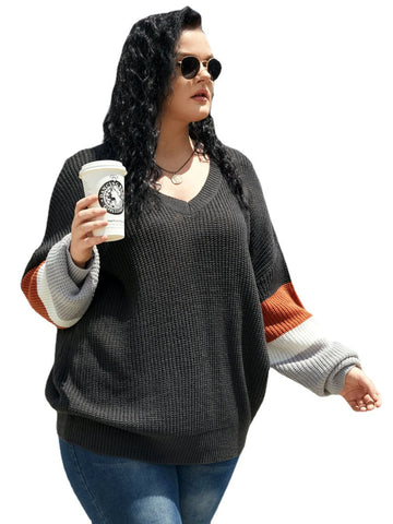 Plus Size Color Block Patchwork Design Long Sleeves Sweater