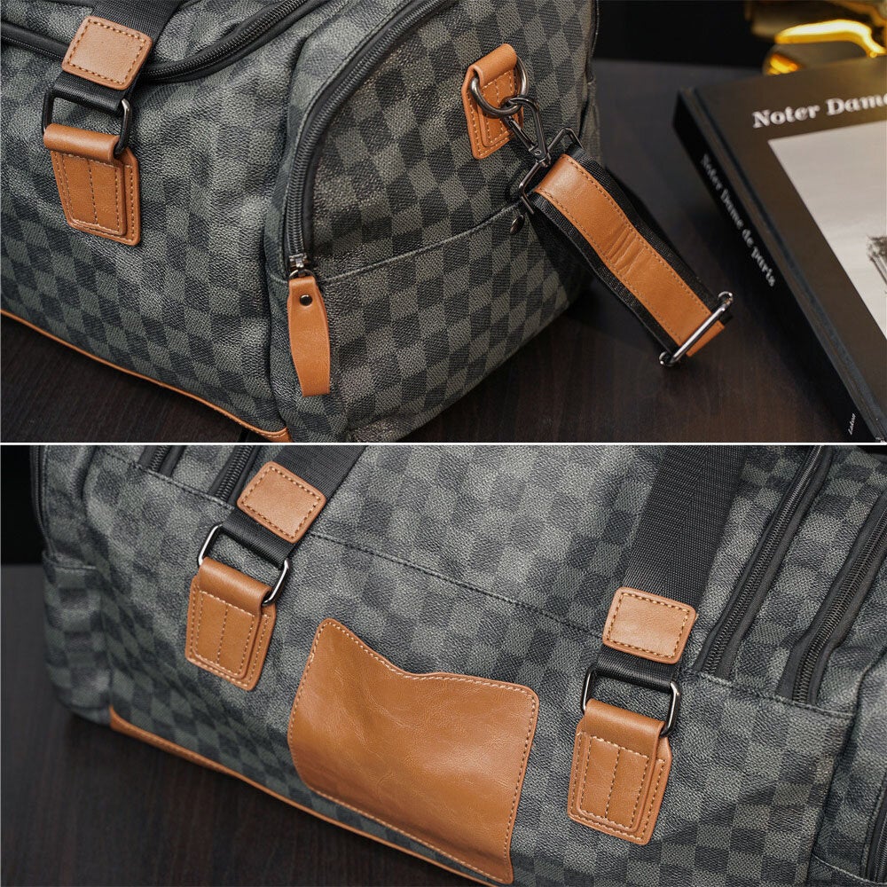 Men PU Leather Plaid Pattern Multifunction Handbag Fashion Multi-pocket Travel Bag Fitness Crossbody Shoulder