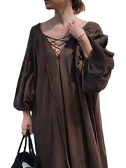 Women Solid Color V-Neck Tie Bubble Sleeves Pleated A-line Maxi Dresses