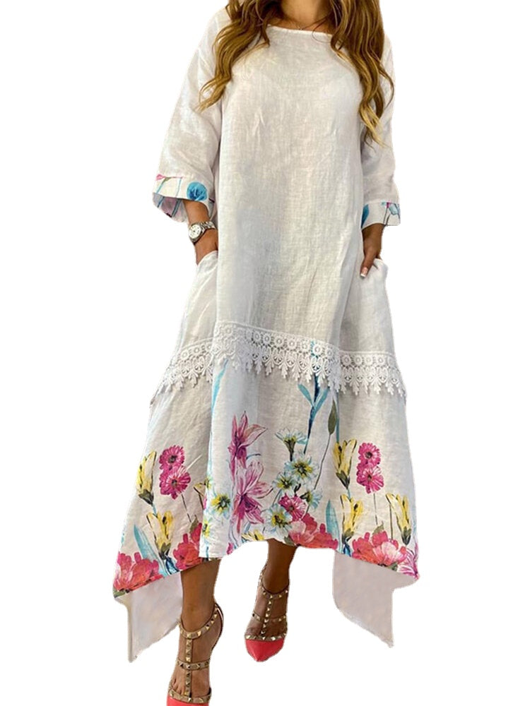 Women Solid Calf-Length Pleating Spliced Floral Daily Leisure Holiday Dress