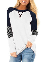 Women Contrast Patchwork Stripe Round Neck Casual Raglan Sleeve Sweatshirts