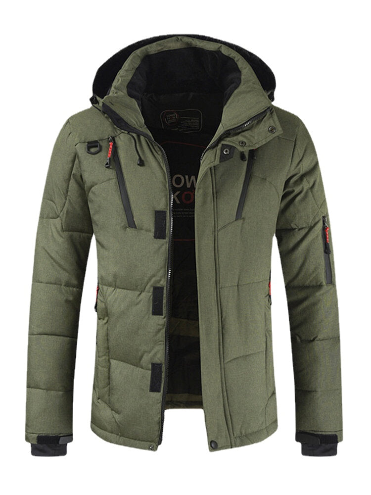 Mens Winter Warm Thicken Zipper Detail Solid Color Hooded Down Coat
