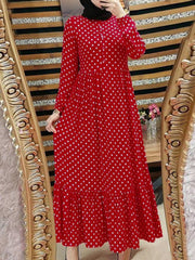 Women Retro Polka Dot Print Pleated Ruffled Hem Side Zipper Button Vintage Maxi Dress