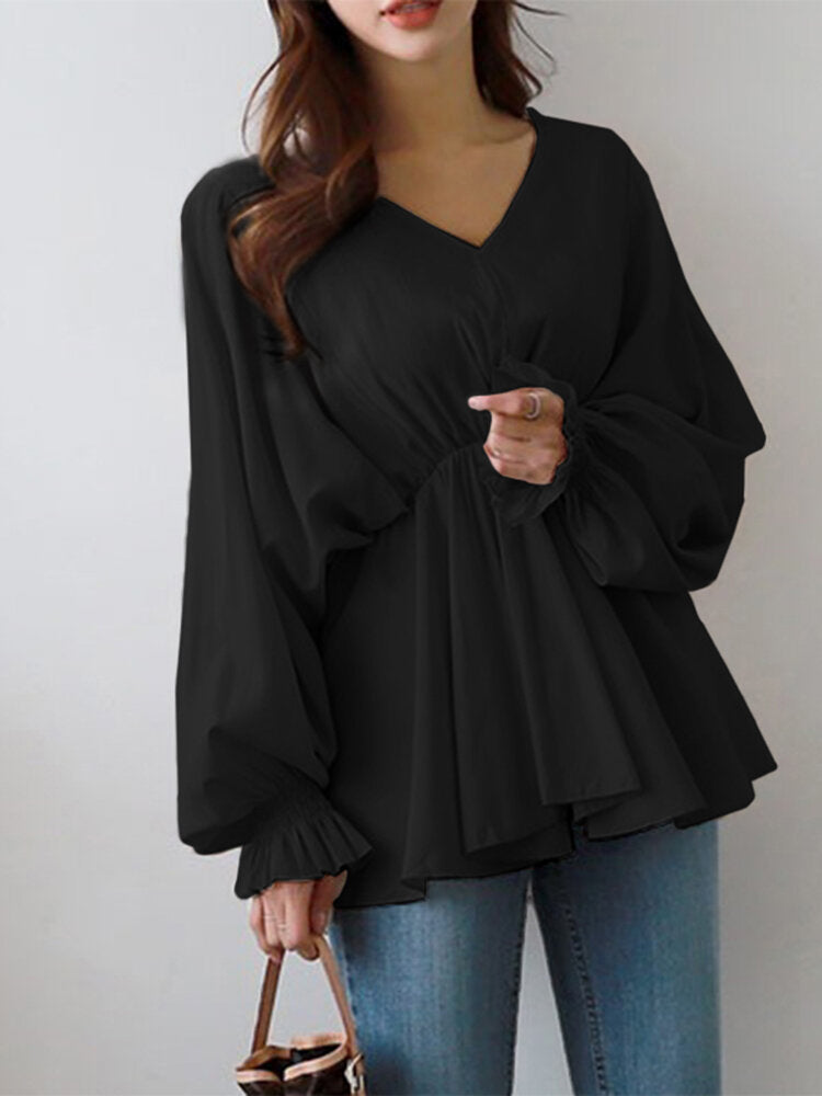 Women Solid Color V-Neck Puff Sleeve Ruffles Hem Casual Blouse