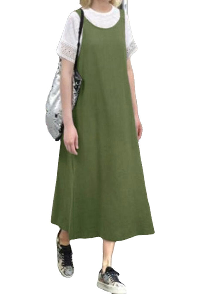 Cotton Solid Sleeveless Ruched Casual Midi Dress