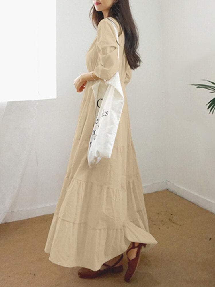 Women Plain O-Neck Stitching Layered Elastic Waist 3/4 Sleeve Maxi Dress