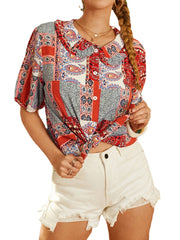 Women Vintage Ethnic Pattern Mixed Print Lapel Short Sleeve Button Casual Blouse