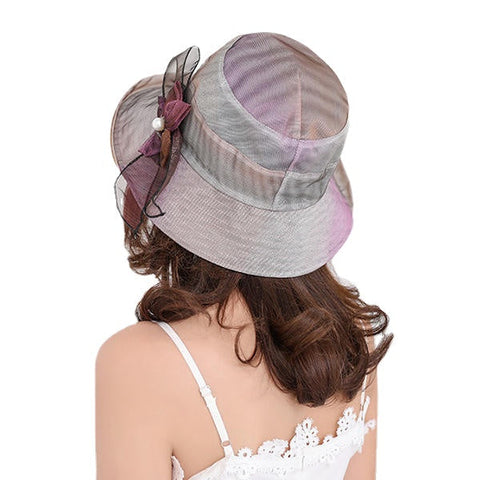 Women Summer Thin Breathable Bow Beach Hat Outdoor Wide Brim Visor Sun Bucket Cap