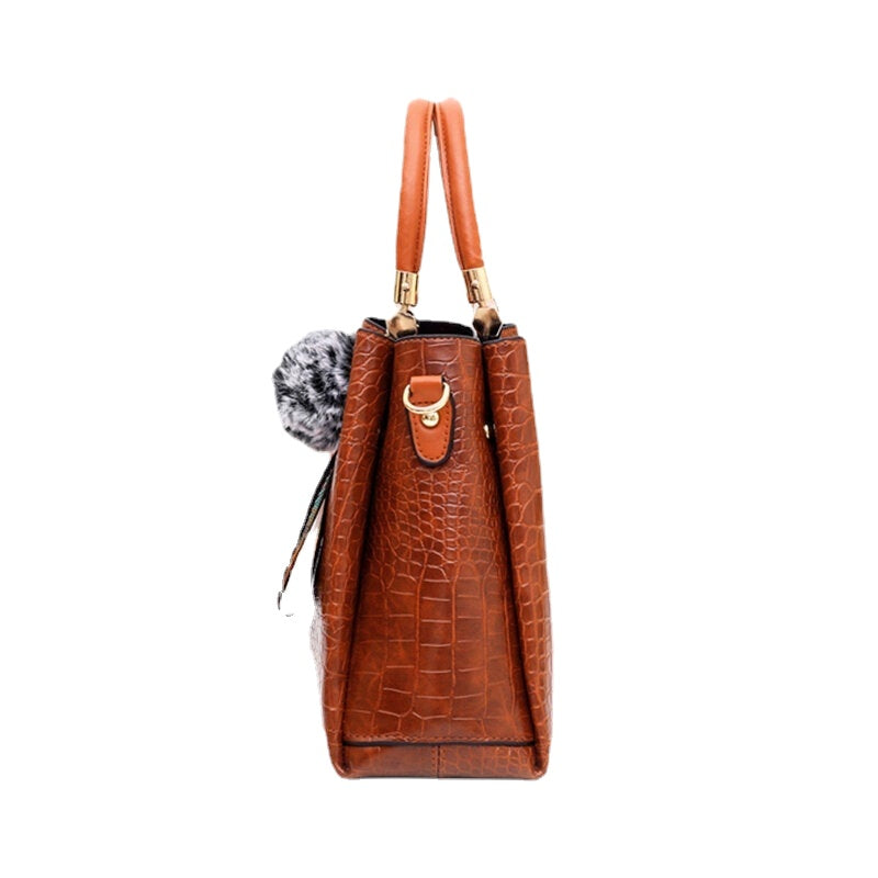 Women 4PCS Casual Handbag Solid Crocodile Pattern Fluffy Ball Shoulder Bag