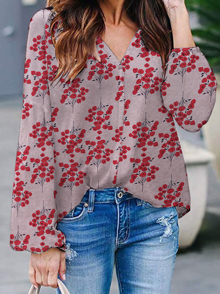 Floral Print Casual V Neck Long Sleeve Blouse