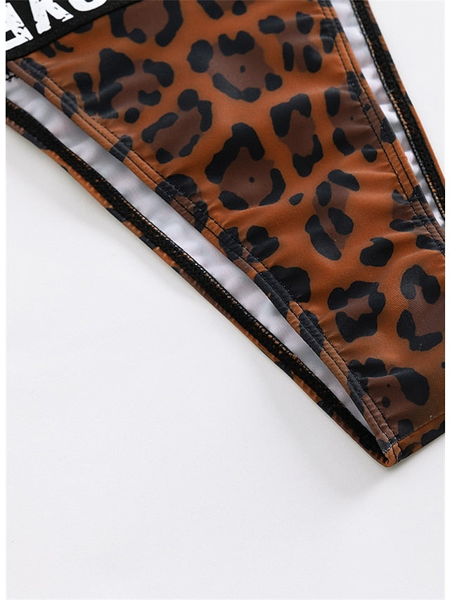 Women's Swimwear Bikini 2 Piece Normal Swimsuit Backless Printing Leopard Letter Brown Halter V Wire Bathing Suits New Vacation Fashion