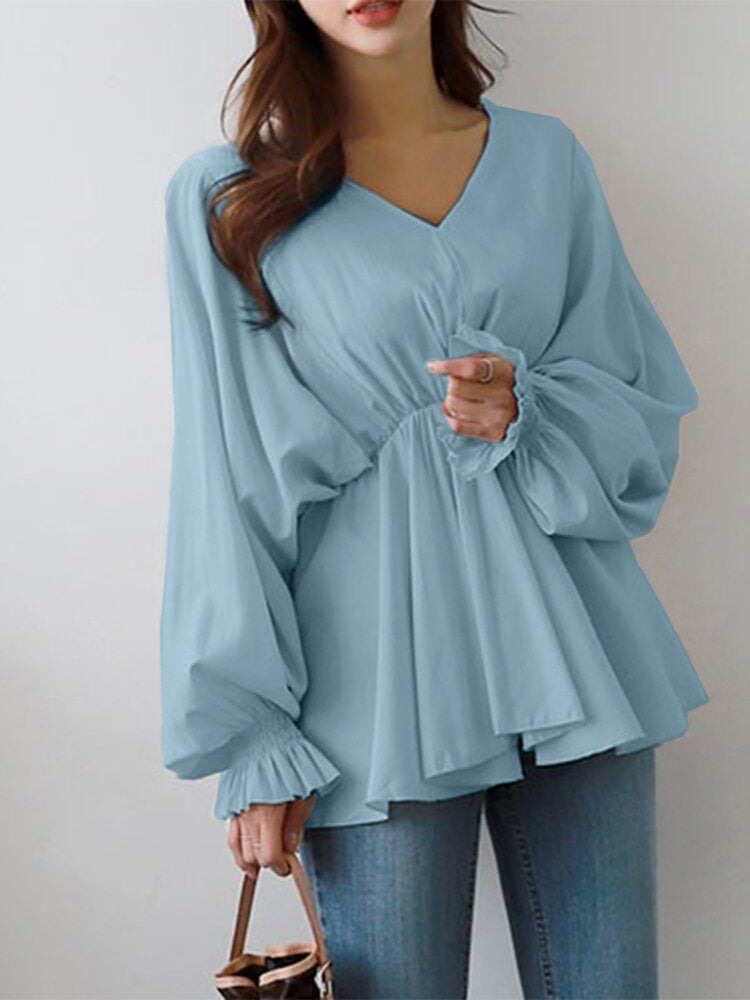 Women Solid Color V-Neck Puff Sleeve Ruffles Hem Casual Blouse