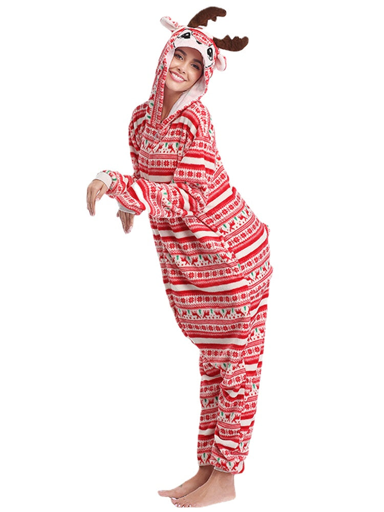 Women's Christmas Elk Print Hooded Jumpsuit with Pockets - Cozy One-Piece