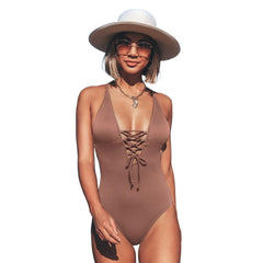 Sexy Women's Deep V-neck Backless Lace Up Swimsuit For Beach Bathing