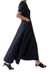 Solid Pocket Short Sleeve V-neck Swing Maxi Dress